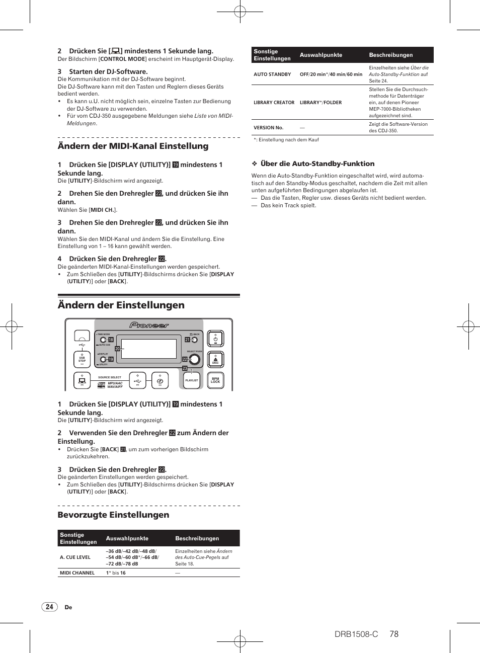Ändern der einstellungen, Drb1508-c, Ändern der midi-kanal einstellung | Bevorzugte einstellungen | Pioneer CDJ-350 User Manual | Page 78 / 84
