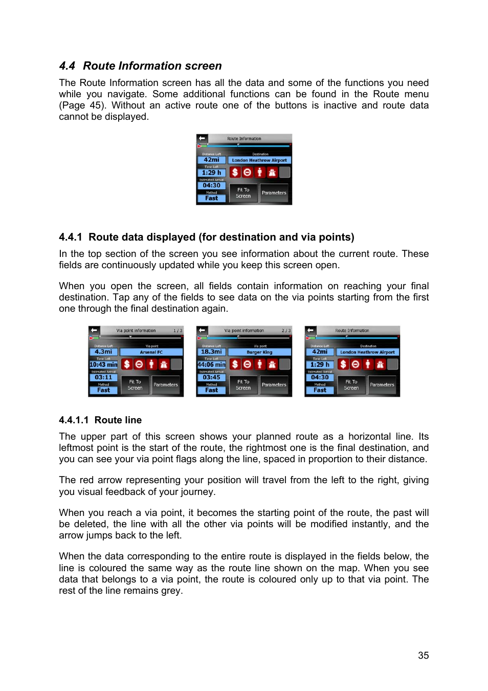 Route information screen, Route line, 4 route | Information screen, 1 route line | Pioneer AVIC-S2 RU User Manual | Page 35 / 84