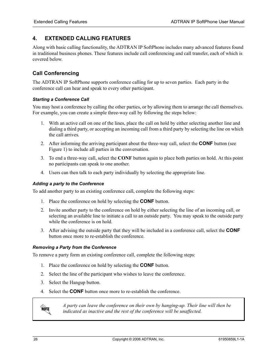 Extended calling features, Call conferencing, Starting a conference call | Adding a party to the conference, Removing a party from the conference | ADTRAN 1950859L1 User Manual | Page 26 / 52