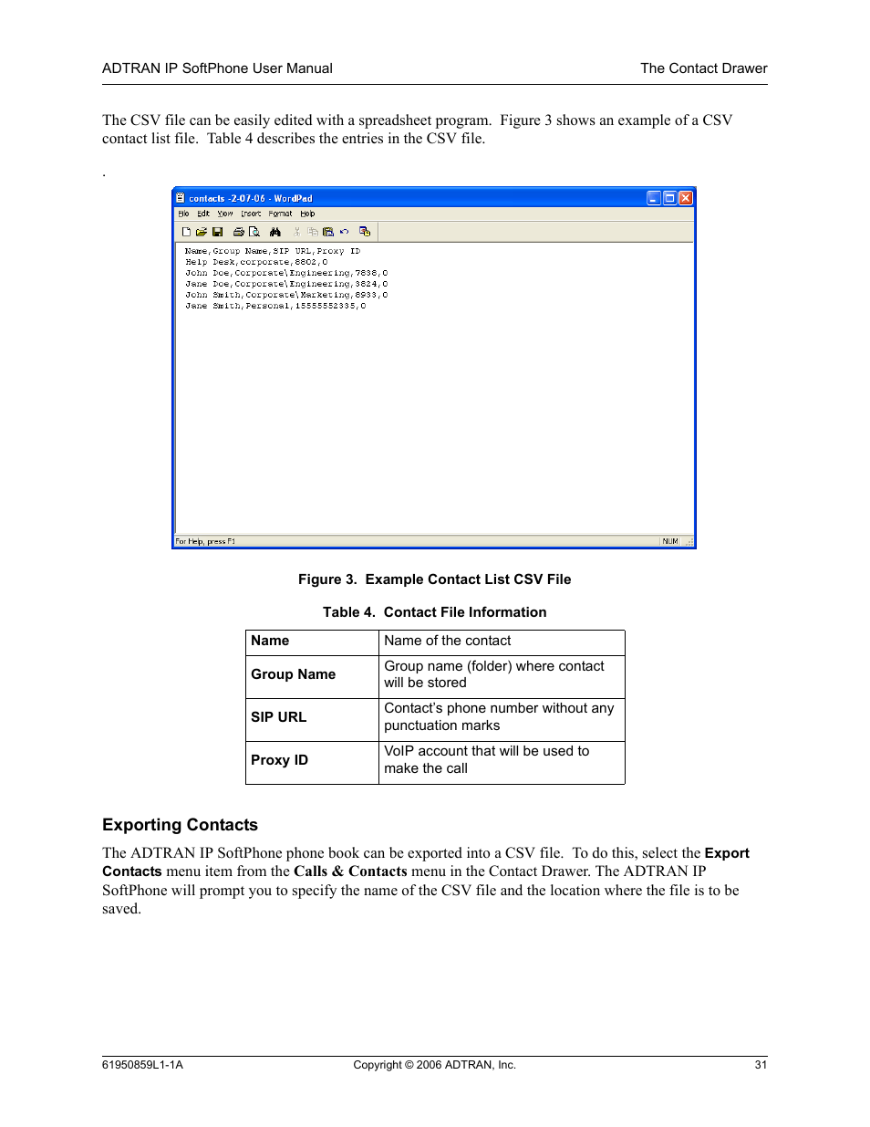 Exporting contacts, Figure 3, Example contact list csv file | Table 4, Contact file information | ADTRAN 1950859L1 User Manual | Page 31 / 52