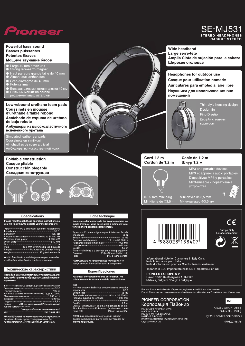 Pioneer SE-MJ531 User Manual | 2 pages