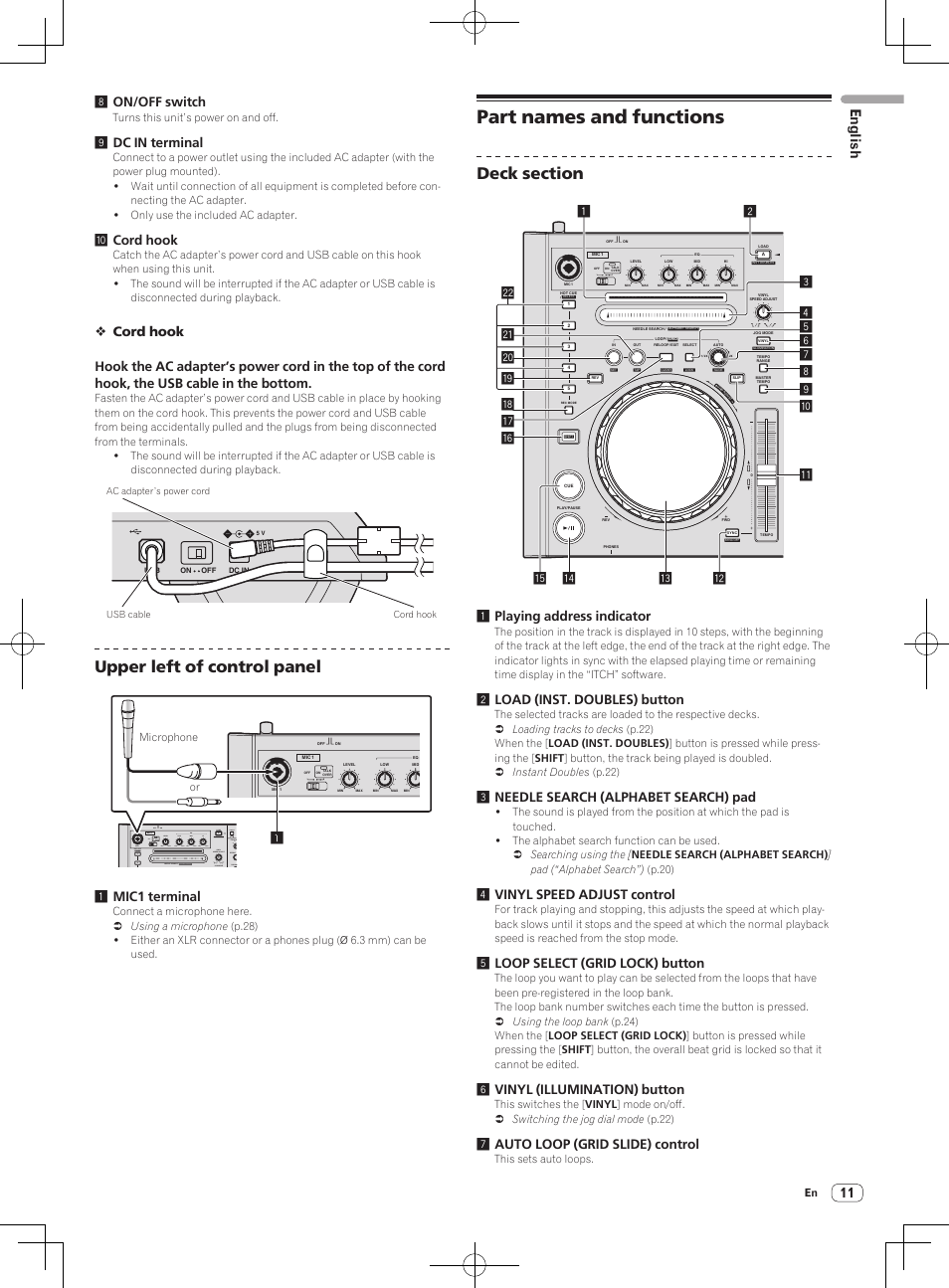 Part names and functions, Upper left of control panel, English | 8on/off switch, 9dc in terminal, Acord hook, 1mic1 terminal, 1playing address indicator, 2load (inst. doubles) button, 3needle search (alphabet search) pad | Pioneer DDJ-S1 User Manual | Page 11 / 112