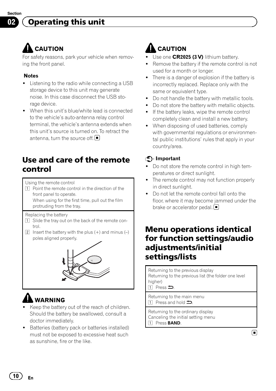 Use and care of the remote control, Menu operations identical for function, Settings/audio adjustments/initial settings/ lists | 02 operating this unit | Pioneer DVH-340UB User Manual | Page 10 / 44