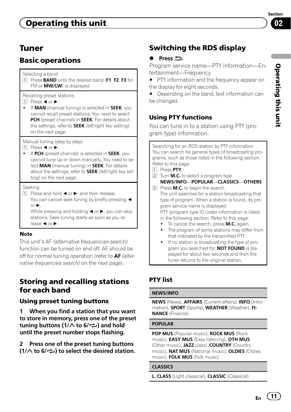 Tuner, Basic operations, Storing and recalling stations for each band | Switching the rds display, Operating this unit | Pioneer DVH-340UB User Manual | Page 11 / 44