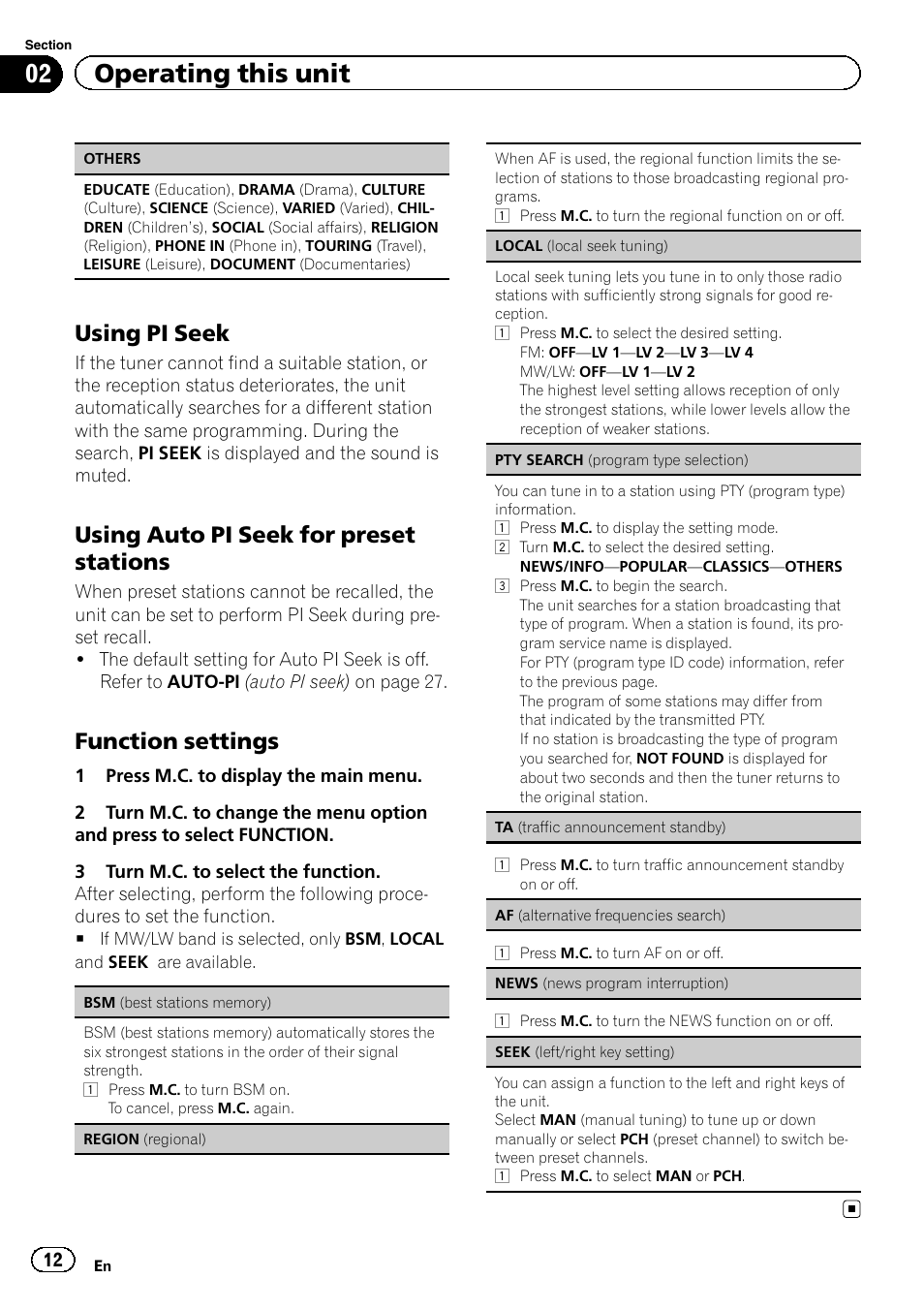 Seek (left/right key setting), Seek (left/right key set, Af (alter | 02 operating this unit, Using pi seek, Using auto pi seek for preset stations, Function settings | Pioneer DVH-340UB User Manual | Page 12 / 44