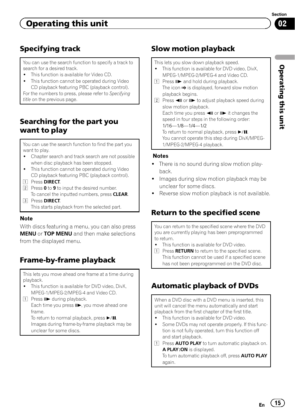 Specifying track, Searching for the part you want to play, Frame-by-frame playback | Slow motion playback, Return to the specified scene, Automatic playback of dvds, Operating this unit | Pioneer DVH-340UB User Manual | Page 15 / 44