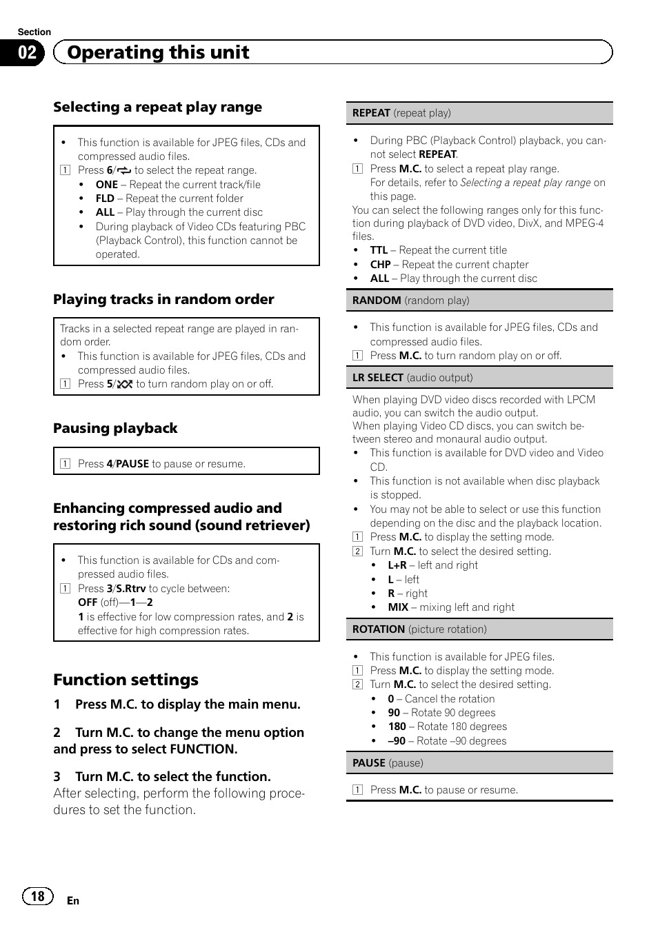 02 operating this unit, Function settings, Selecting a repeat play range | Playing tracks in random order, Pausing playback | Pioneer DVH-340UB User Manual | Page 18 / 44