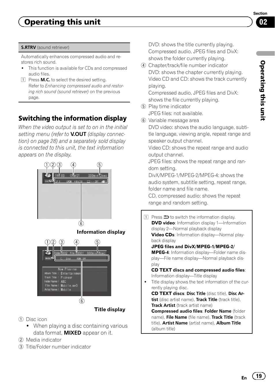 Switching the information display, Operating this unit | Pioneer DVH-340UB User Manual | Page 19 / 44