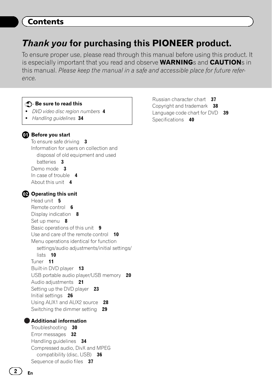 Pioneer DVH-340UB User Manual | Page 2 / 44