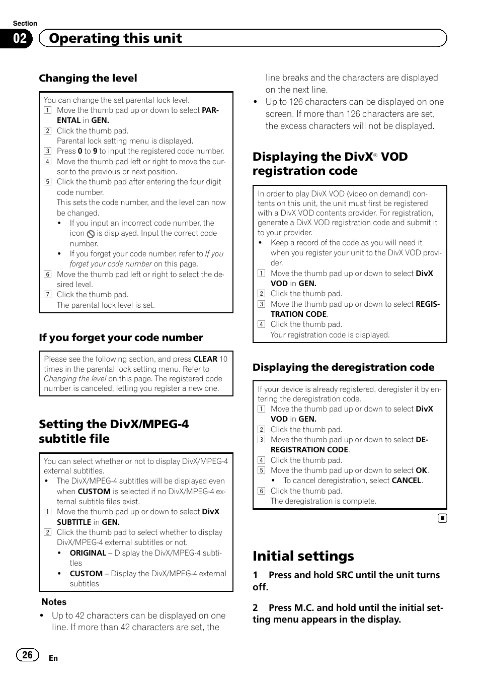 Initial settings, 02 operating this unit, Setting the divx/mpeg-4 subtitle file | Displaying the divx, Vod registration code | Pioneer DVH-340UB User Manual | Page 26 / 44