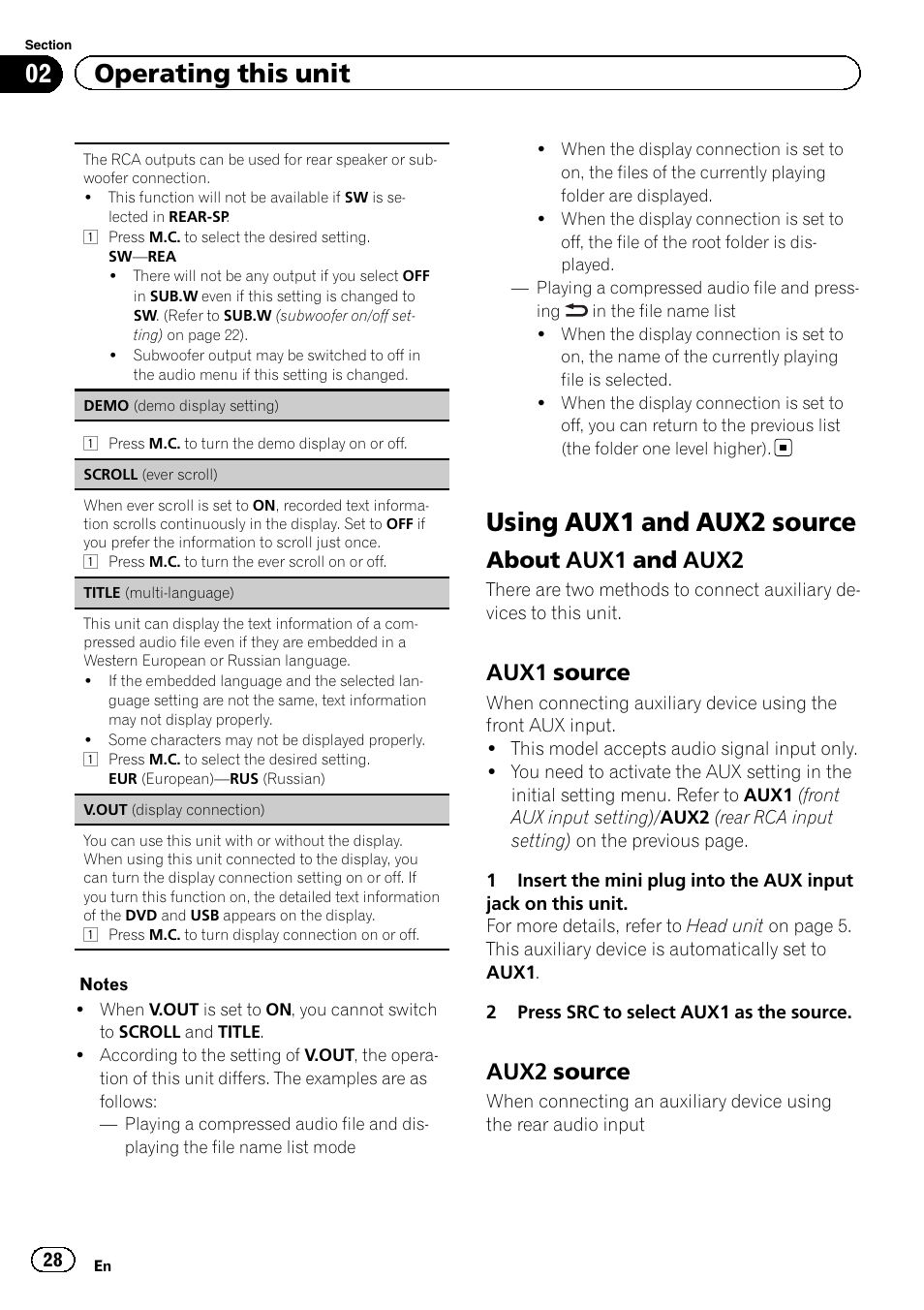 Using aux1 and aux2 source, 02 operating this unit, About aux1 and aux2 | Aux1 source, Aux2 source | Pioneer DVH-340UB User Manual | Page 28 / 44