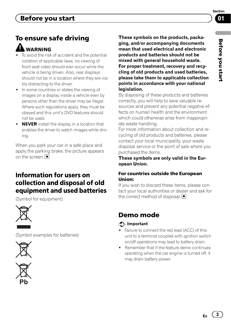 Before you start to ensure safe driving, Information for users on collection and, Disposal of old equipment and used batteries | Demo mode, Before you start | Pioneer DVH-340UB User Manual | Page 3 / 44