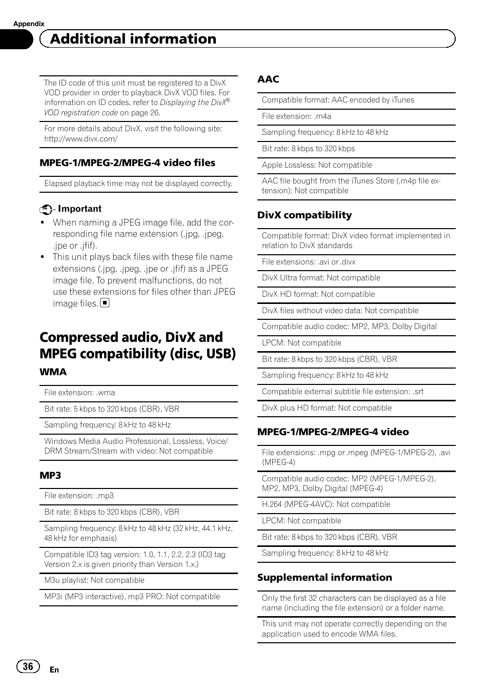 Compressed audio, divx and mpeg, Compatibility (disc, usb), Additional information | Pioneer DVH-340UB User Manual | Page 36 / 44