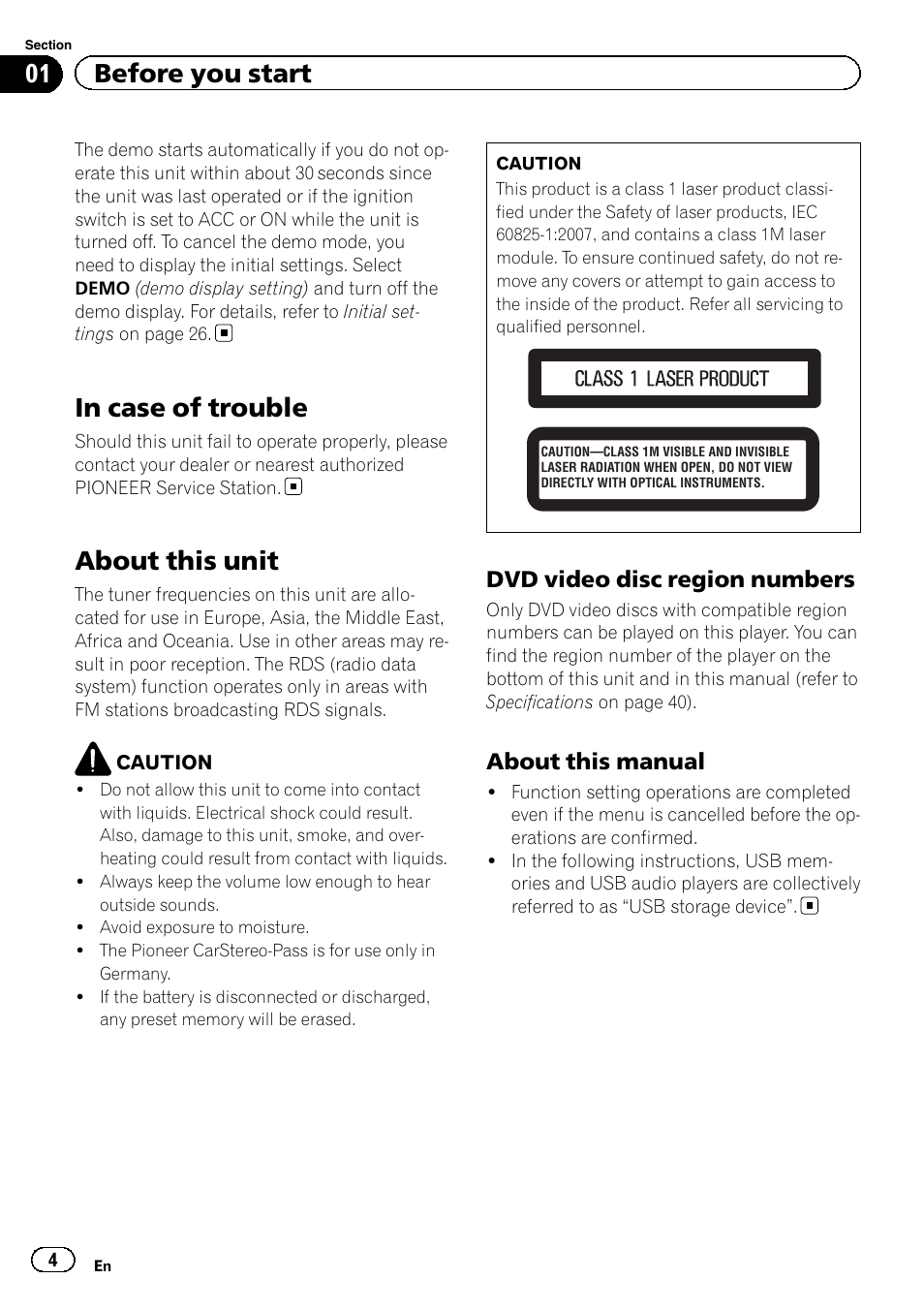 Dvd video disc region numbers 4, In case of trouble, About this unit | 01 before you start, Dvd video disc region numbers, About this manual | Pioneer DVH-340UB User Manual | Page 4 / 44