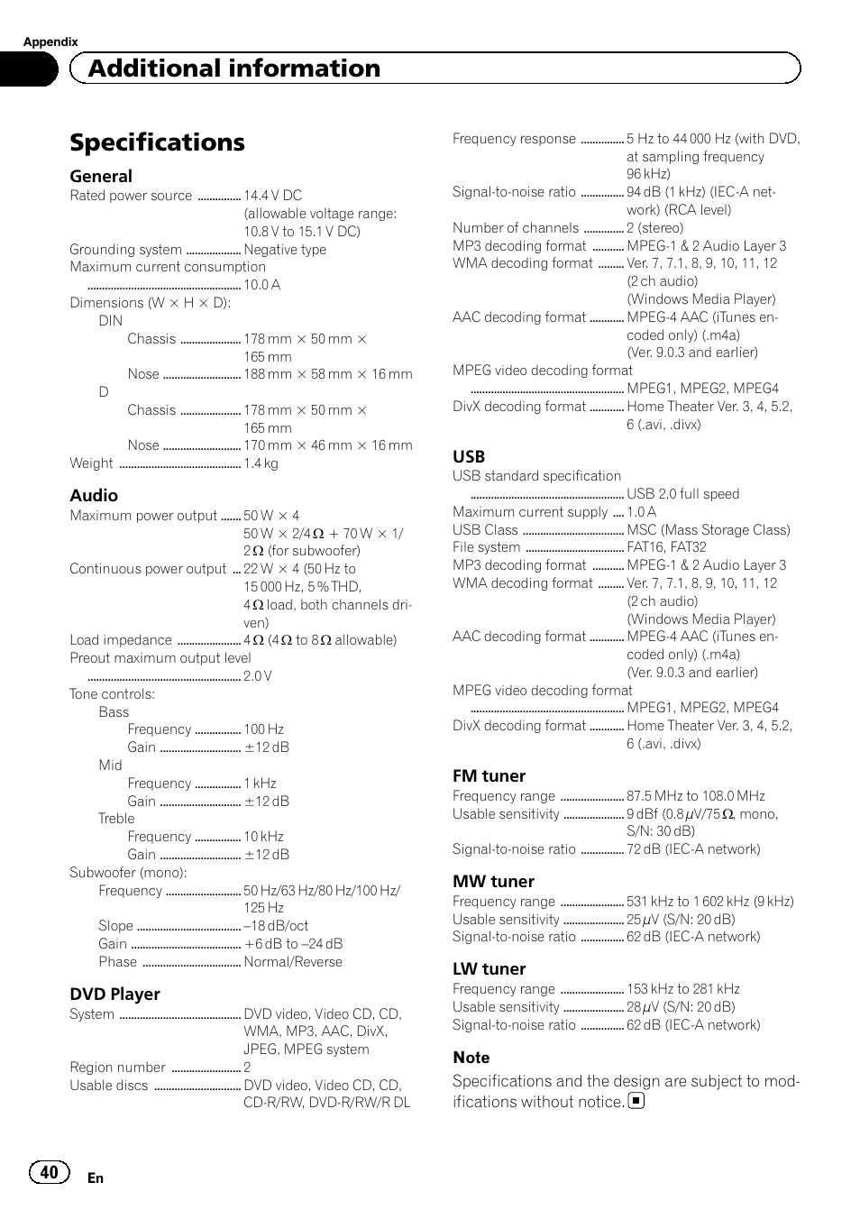 Specifications, Additional information | Pioneer DVH-340UB User Manual | Page 40 / 44