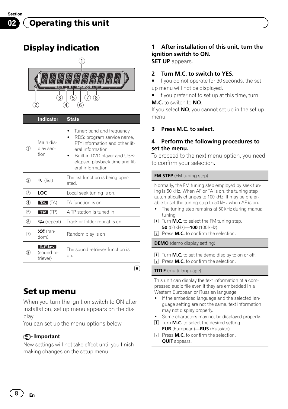 Display indication, Set up menu, 02 operating this unit | Pioneer DVH-340UB User Manual | Page 8 / 44