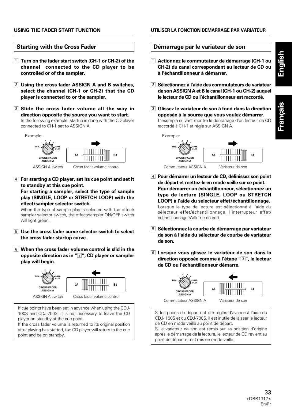 Starting with the cross fader, Démarrage par le variateur de son, English fran ç ais | Pioneer DJM-600 User Manual | Page 33 / 112