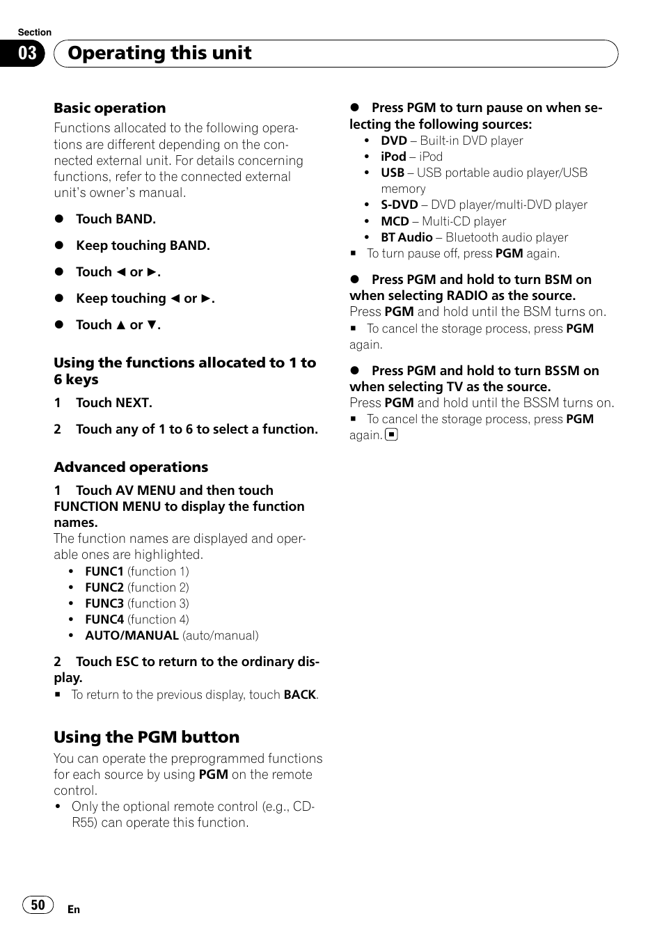 Using the pgm button 50, Operating this unit, Using the pgm button | Pioneer AVH-P4000DVD User Manual | Page 50 / 95