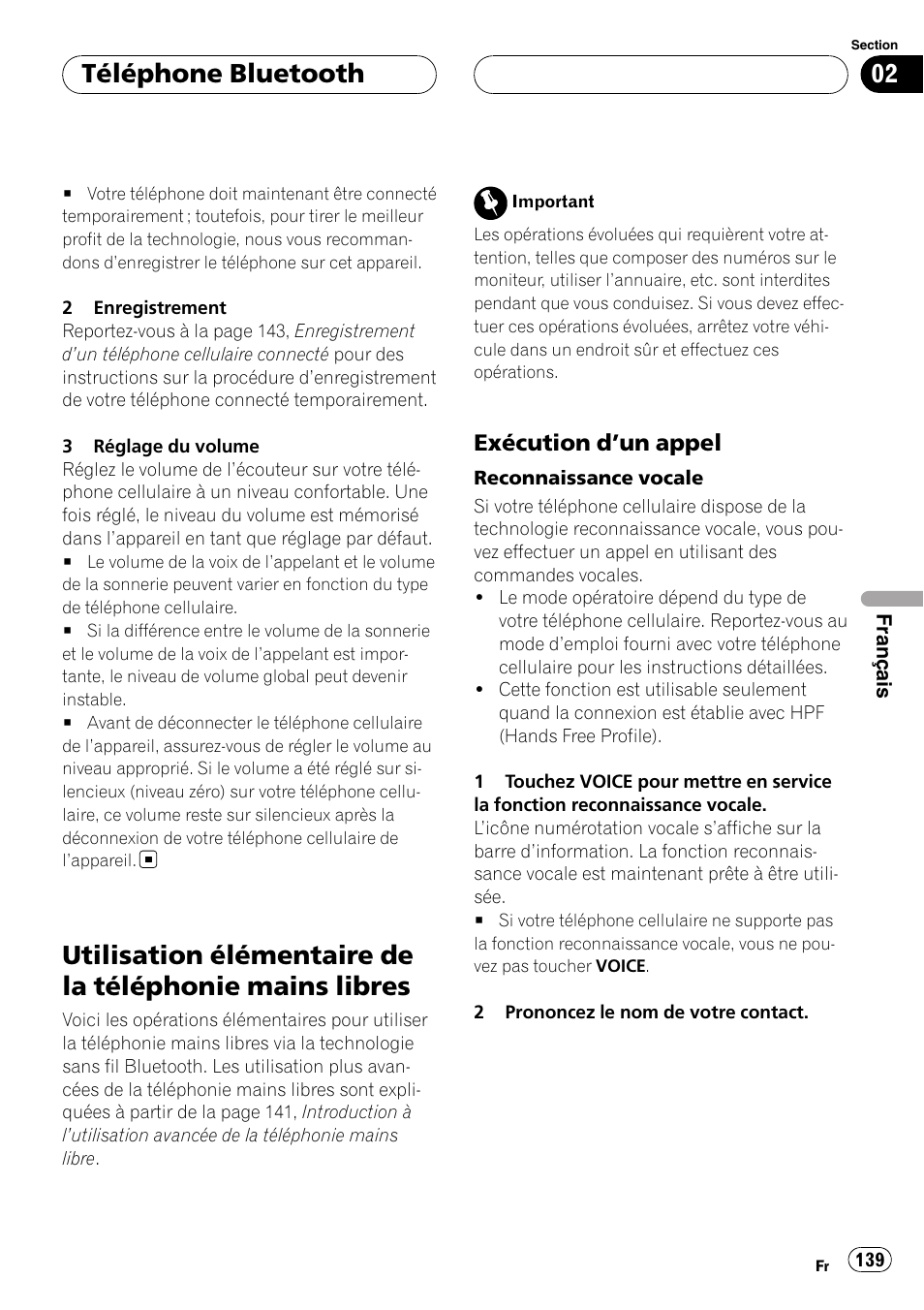 Utilisation élémentaire de la téléphonie, Mains libres, Exécution d’un appel 139 | Téléphone bluetooth, Exécution d ’un appel | Pioneer CD-BTB100 User Manual | Page 139 / 175