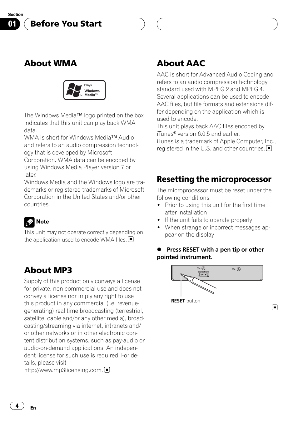 About wma, About mp3, About aac | Resetting the microprocessor, Before you start | Pioneer CD-UB100 User Manual | Page 4 / 103