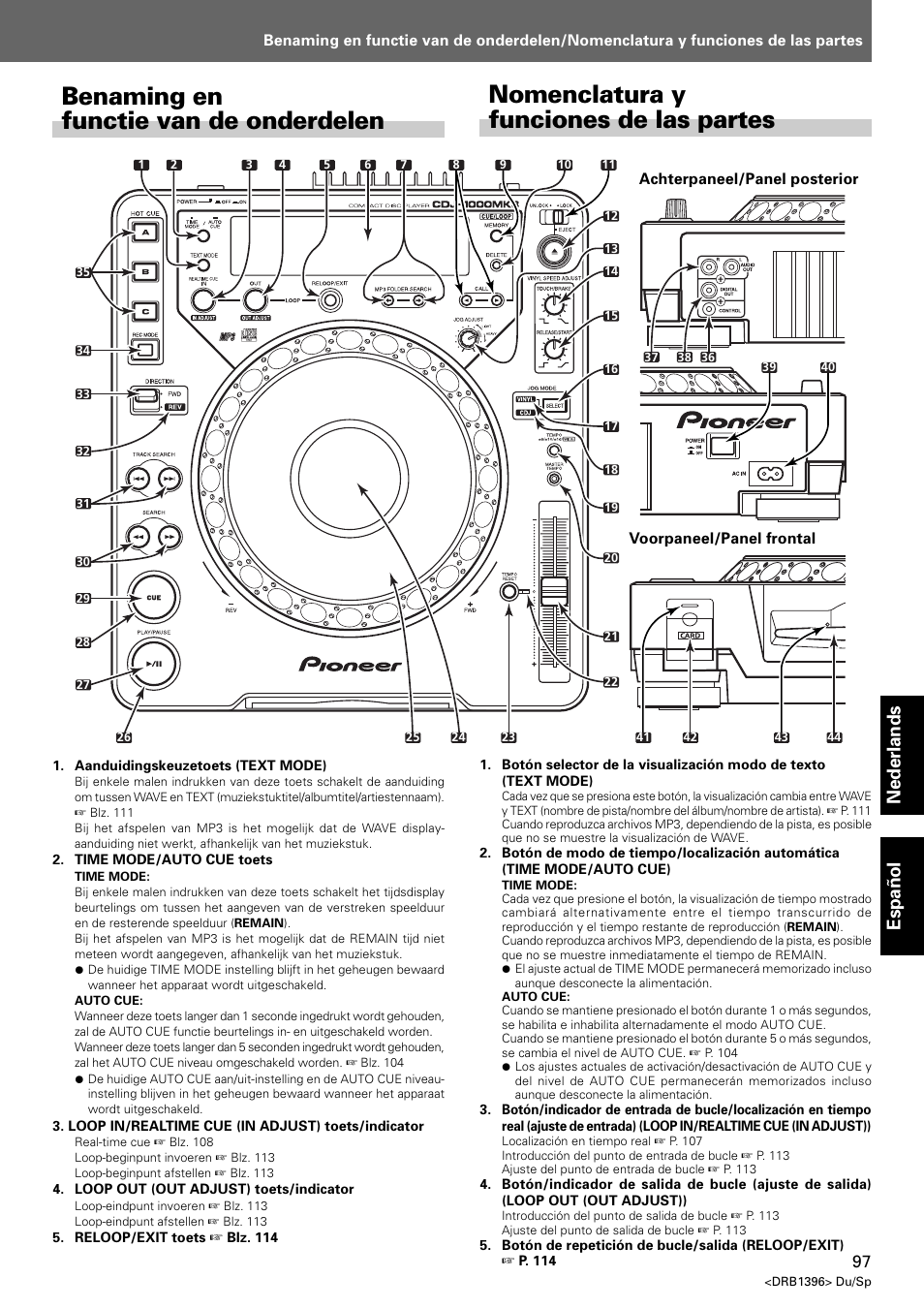 Benaming en functie van de onderdelen, Nomenclatura y funciones de las partes, Nederlands espa ñ ol | Pioneer CDJ-1000 MK3 User Manual | Page 97 / 124