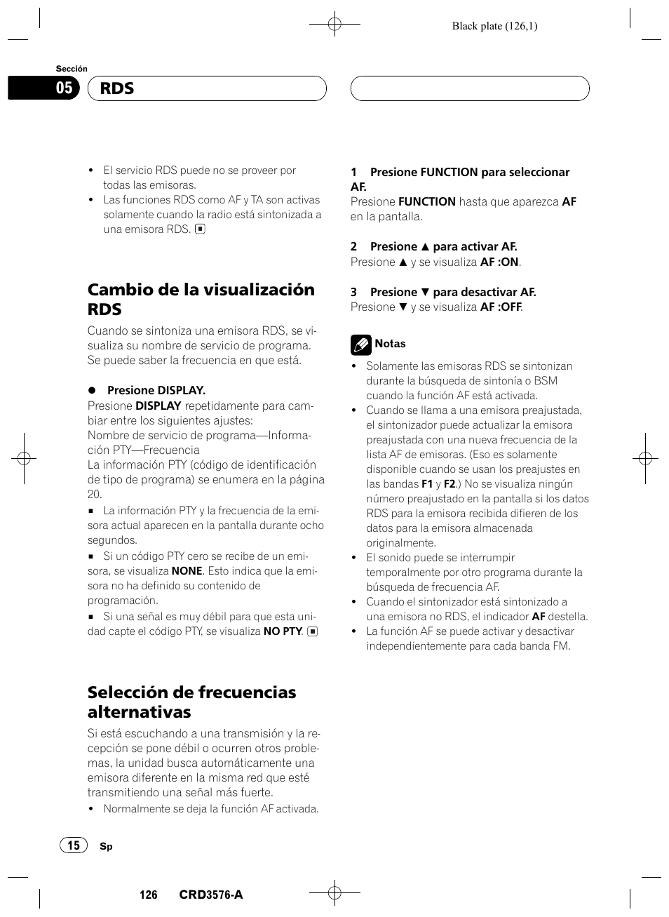 Cambio de la visualización rds 15, Selección de frecuencias alternativas 15, Cambio de la visualización rds | Selección de frecuencias alternativas, Rds 05 | Pioneer FH-P4100R User Manual | Page 126 / 168