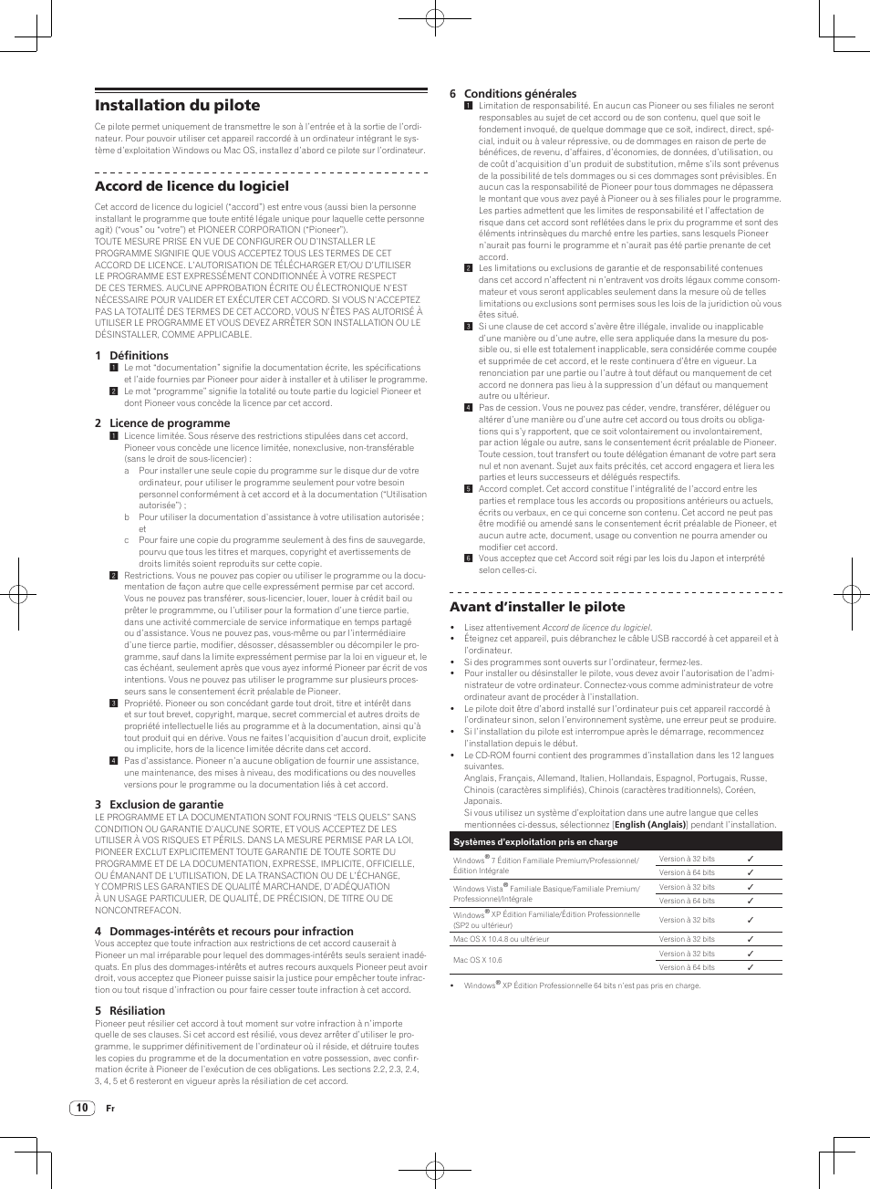 Installation du pilote, Accord de licence du logiciel, Avant d’installer le pilote | Pioneer DJM-T1 User Manual | Page 42 / 100