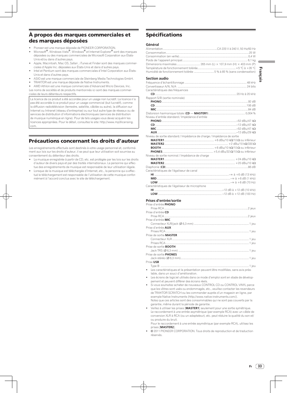 Précautions concernant les droits d’auteur, Spécifications | Pioneer DJM-T1 User Manual | Page 65 / 100
