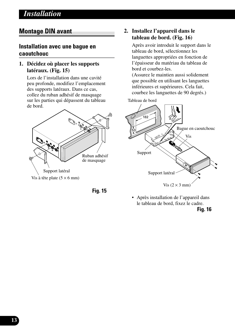 Montage din avant, Installation, Installation avec une bague en caoutchouc | Pioneer AVH-P5700DVD User Manual | Page 56 / 86