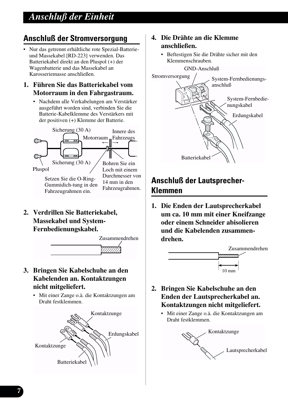 Anschluß der einheit, Anschluß der stromversorgung, Anschluß der lautsprecher- klemmen | Pioneer GM-X962 User Manual | Page 28 / 64