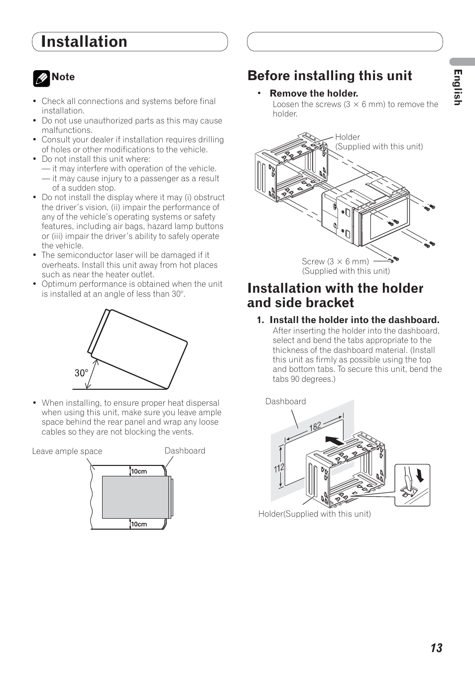 Installation, And side bracket, Before installing this unit | Installation with the holder and side bracket | Pioneer AVH-P4200DVD User Manual | Page 13 / 100
