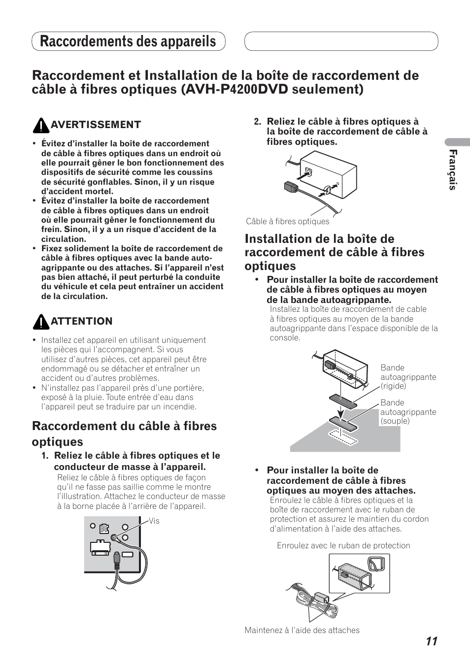 Raccordement et installation de la boîte de, Raccordement de câble à fibres optiques, Avh-p4200dvd | Seulement), Raccordements des appareils, Raccordement du câble à fibres optiques | Pioneer AVH-P4200DVD User Manual | Page 27 / 100