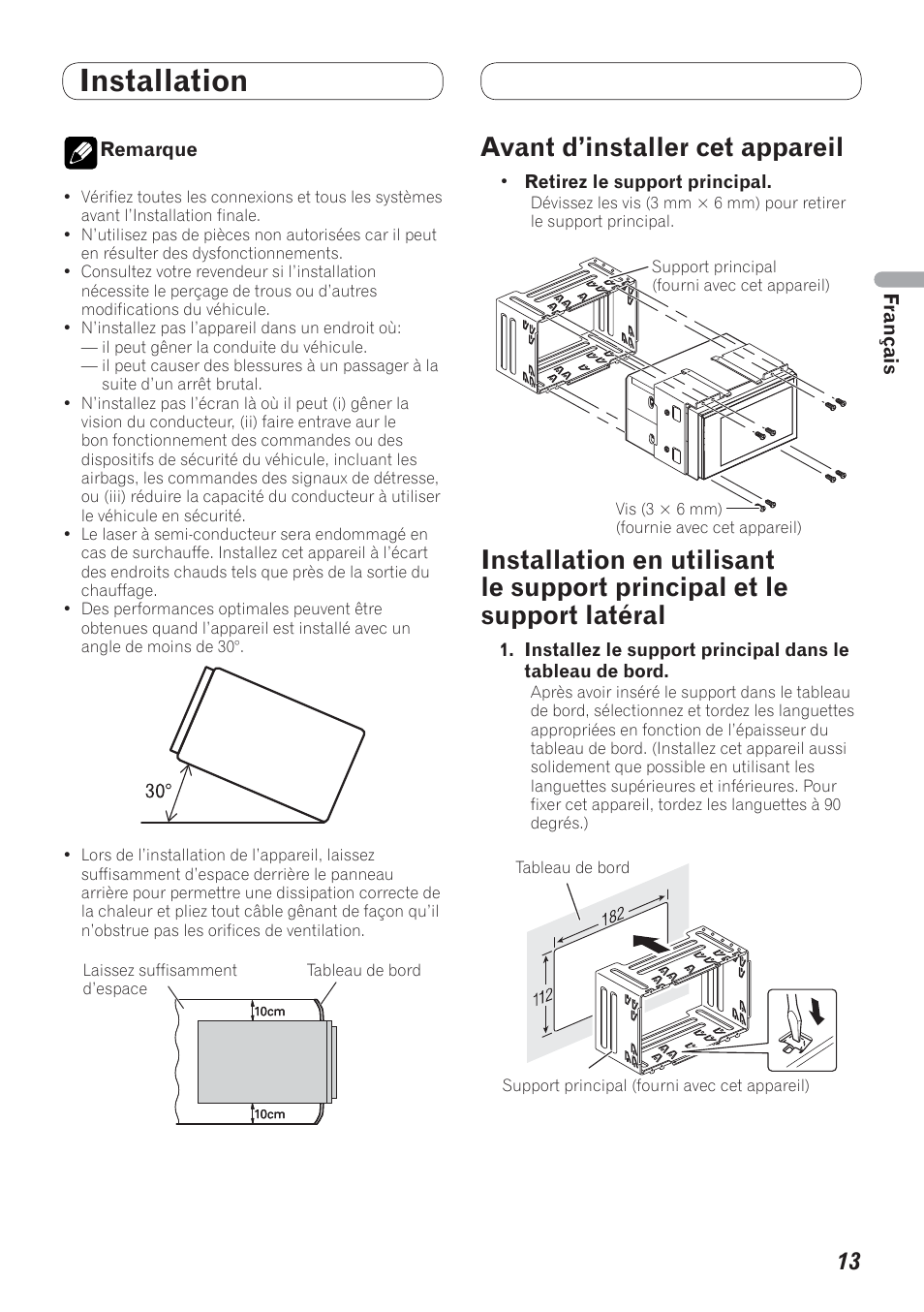 Installation, Principal et le support latéral, Avant d’installer cet appareil | Pioneer AVH-P4200DVD User Manual | Page 29 / 100