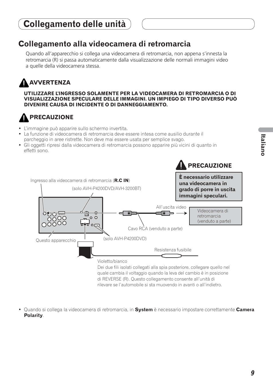 Collegamento alla videocamera di, Retromarcia, Collegamento delle unità | Collegamento alla videocamera di retromarcia | Pioneer AVH-P4200DVD User Manual | Page 41 / 100