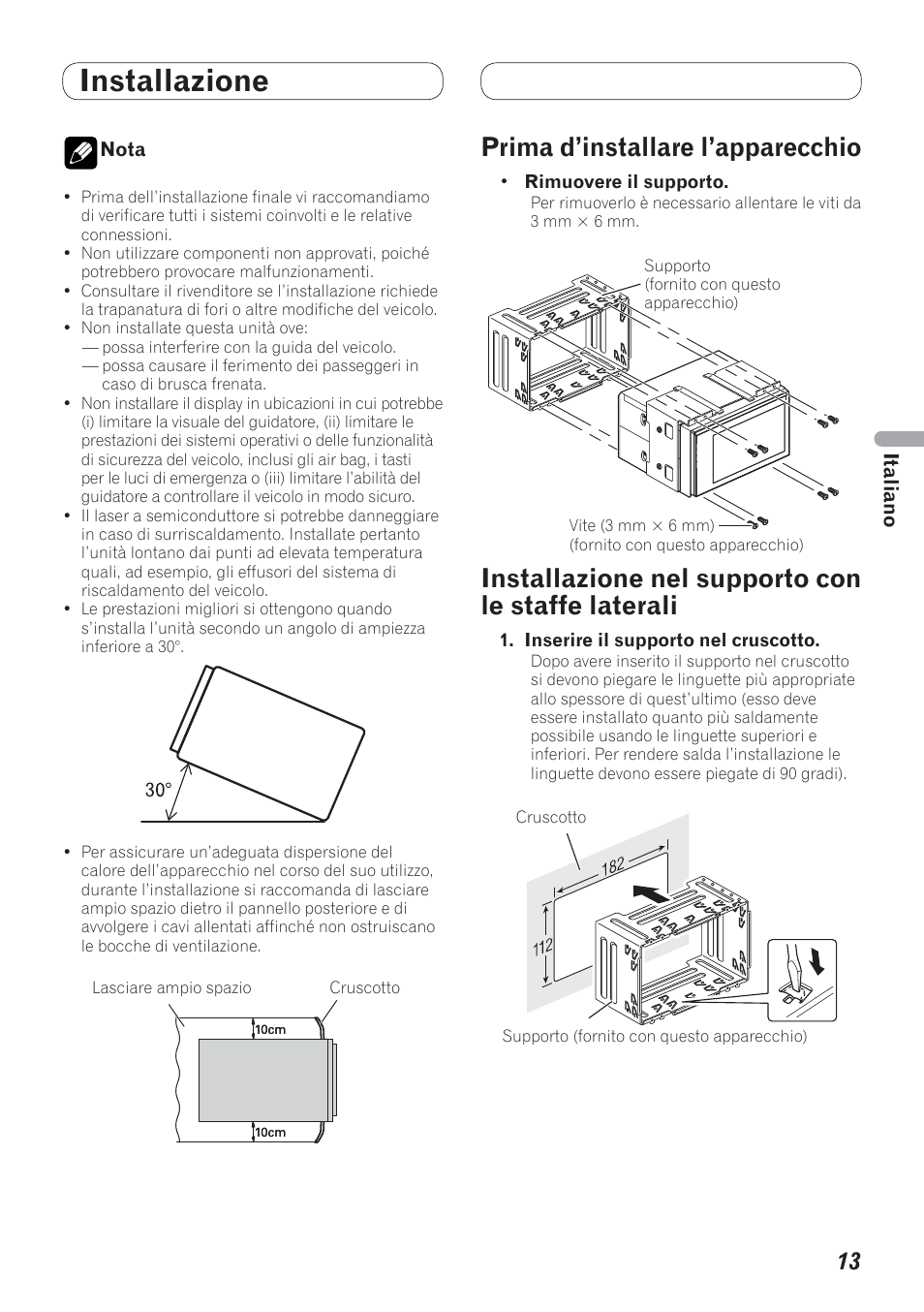 Installazione, Laterali, Prima d’installare l’apparecchio | Installazione nel supporto con le staffe laterali | Pioneer AVH-P4200DVD User Manual | Page 45 / 100