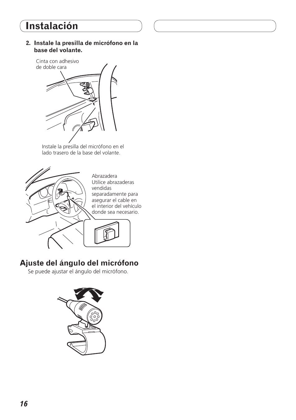 Ajuste del ángulo del micrófono, Instalación | Pioneer AVH-P4200DVD User Manual | Page 64 / 100