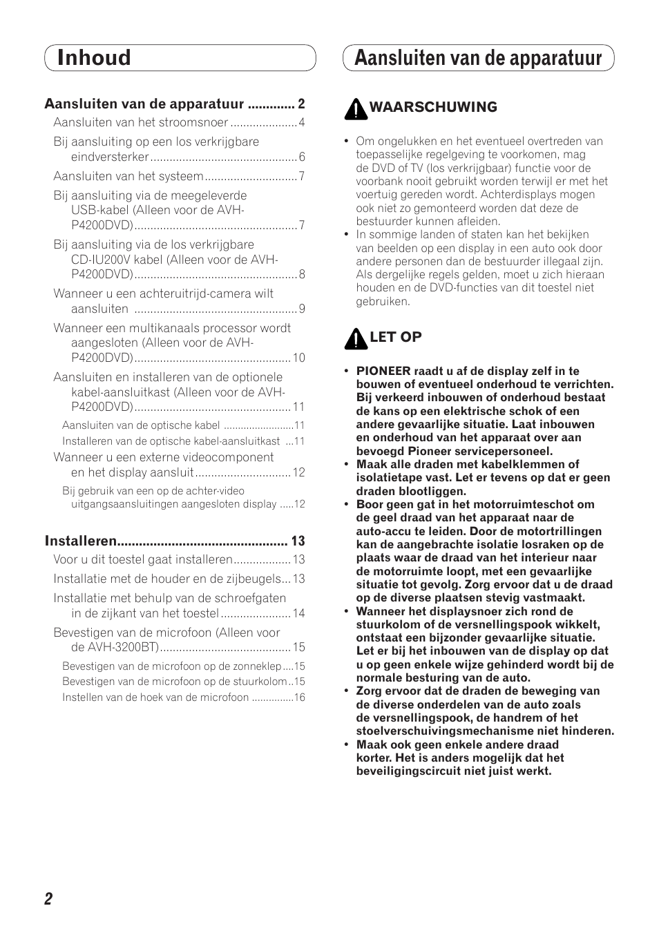 Nederlands, Inhoud aansluiten van de apparatuur | Pioneer AVH-P4200DVD User Manual | Page 82 / 100