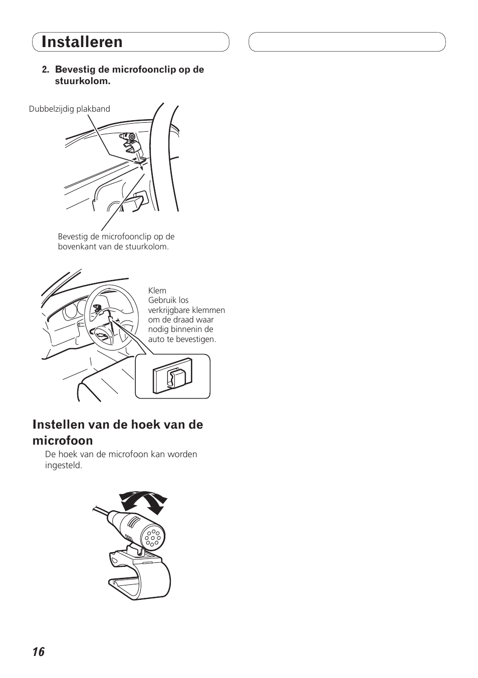 Instellen van de hoek van de microfoon, Installeren | Pioneer AVH-P4200DVD User Manual | Page 96 / 100