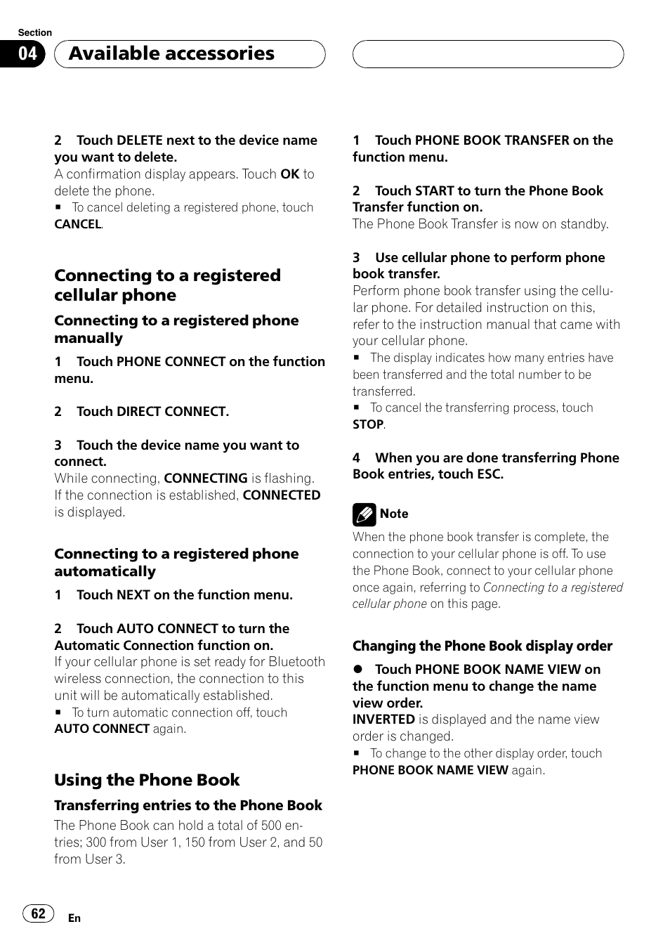 Connecting to a registered cellular, Phone, Using the phone book 62 | Available accessories, Connecting to a registered cellular phone, Using the phone book | Pioneer AVH-P5900DVD User Manual | Page 62 / 102