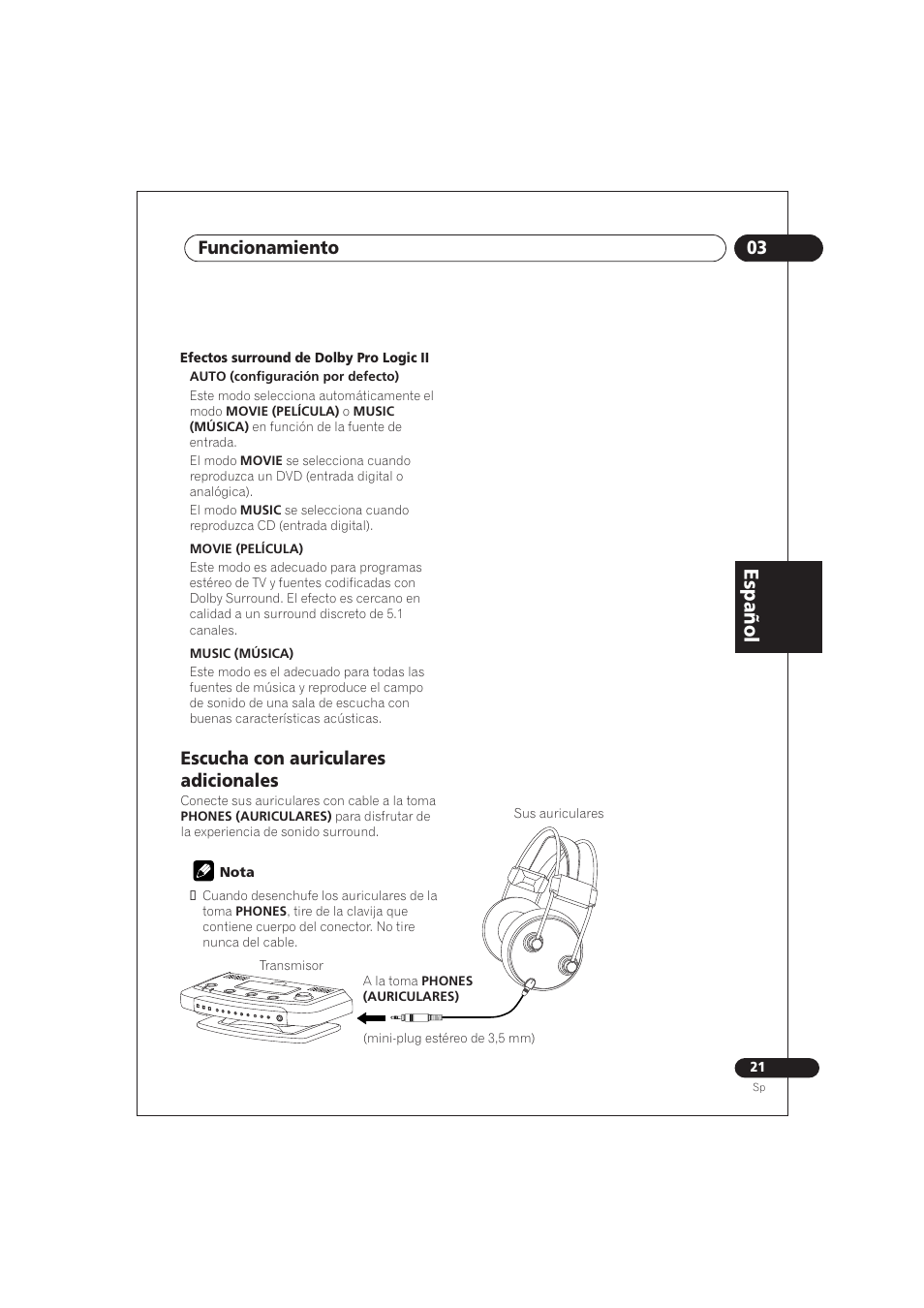 Escucha con auriculares adicionales, Es p añ o l, 03 funcionamiento | Pioneer SE DIR800C User Manual | Page 71 / 76