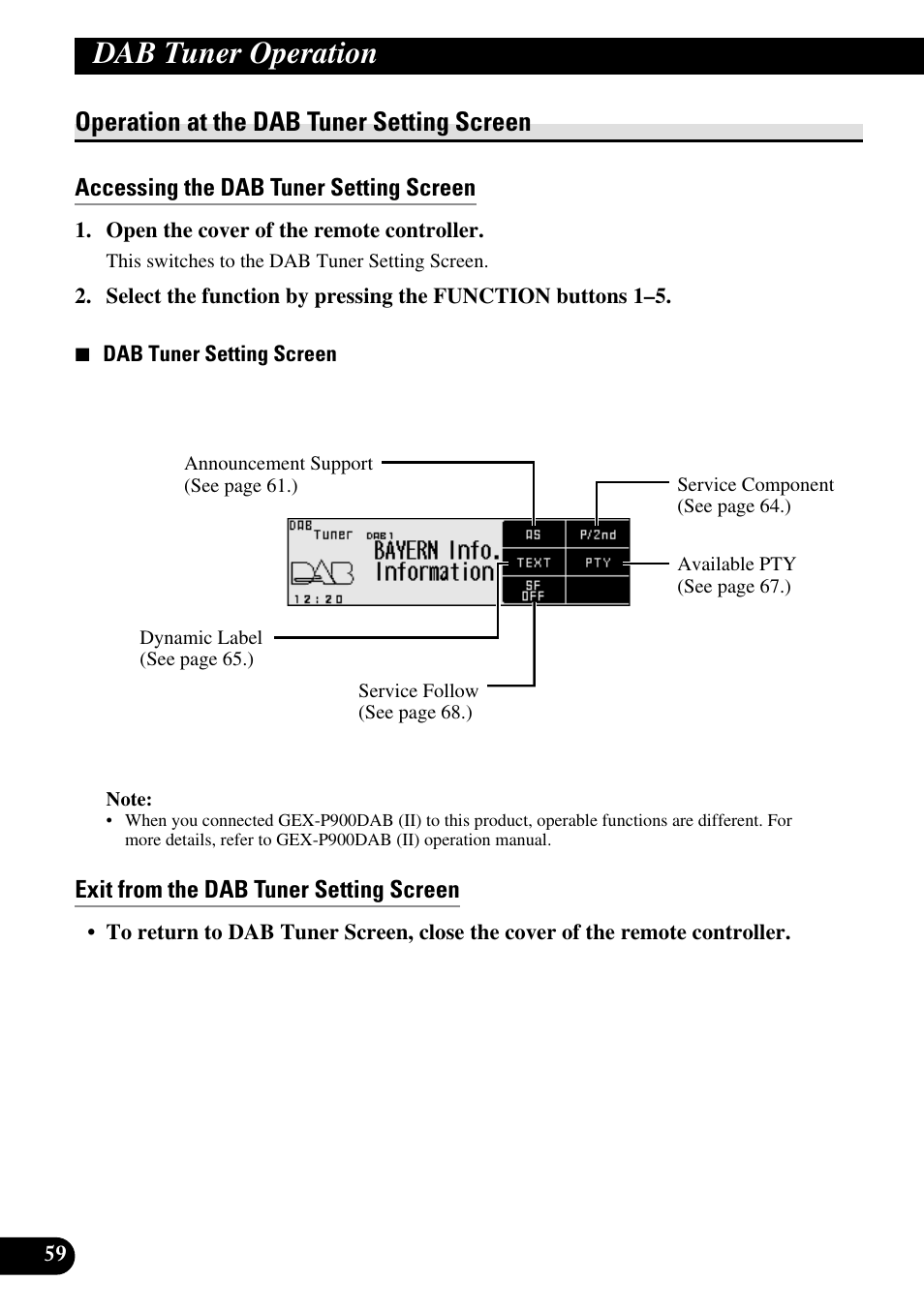 Operation at, The dab tuner setting screen, Accessing the dab tuner setting screen | Exit from the dab tuner setting screen, Dab tuner operation, Operation at the dab tuner setting screen | Pioneer RS-D7R User Manual | Page 60 / 91