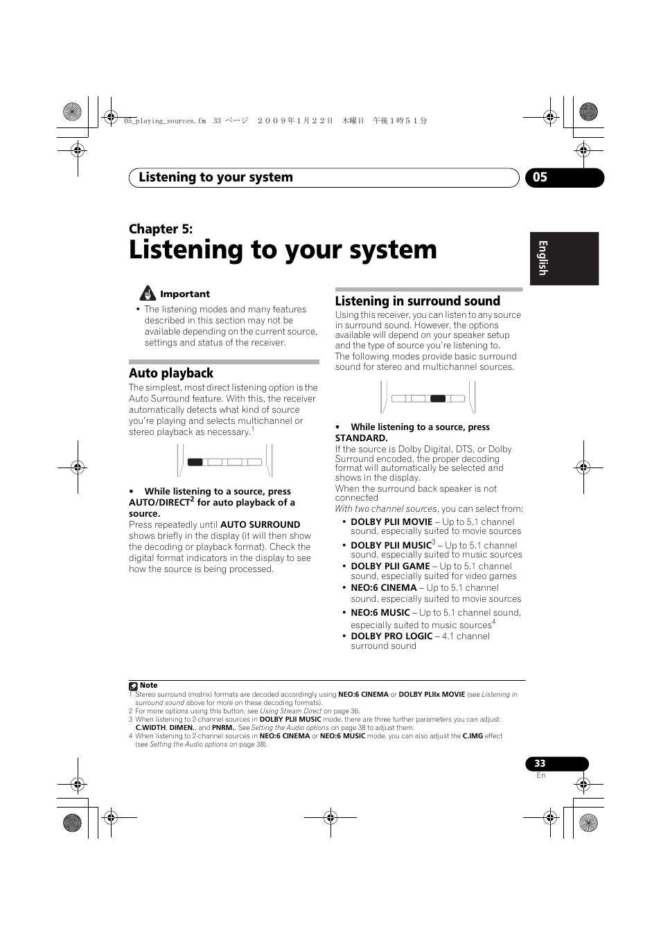 Listening to your system, Auto playback, Listening in surround sound | Listening to your system 05, Chapter 5 | Pioneer VSX-819H-S User Manual | Page 33 / 212