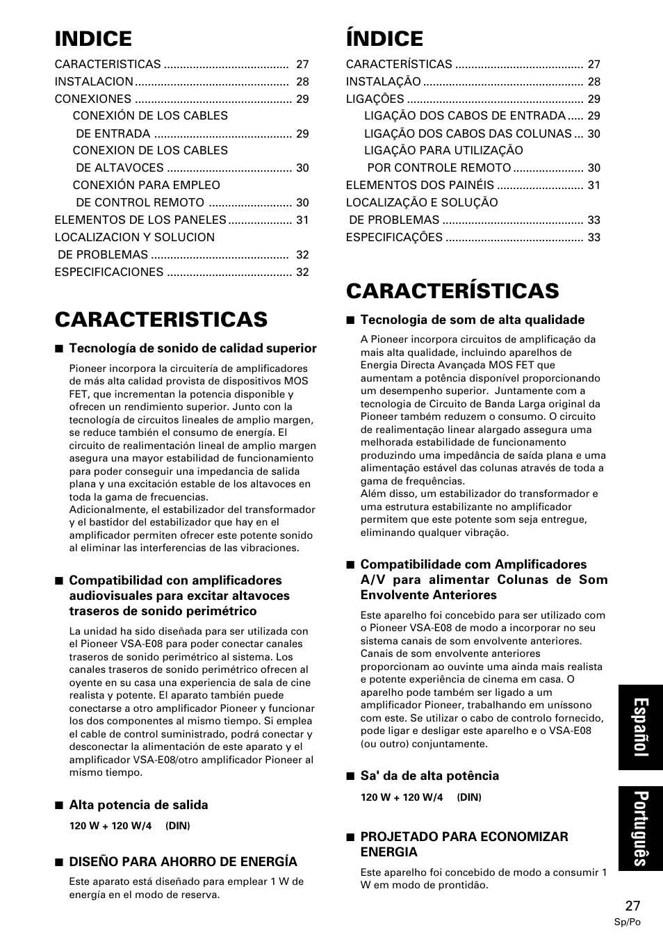 Caracteristicas, Indice, Características | Índice, Español português | Pioneer M-10X User Manual | Page 27 / 36