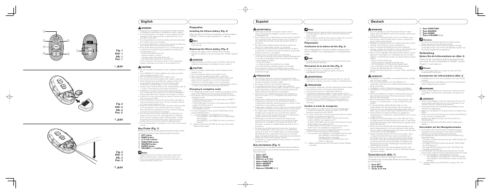 English, Español, Deutsch | Key finder (fig. 1), Preparation, Guía de botones (fig. 1), Preparación, Tastenübersicht (abb. 1), Vorbereitung | Pioneer CD-SR100 User Manual | Page 2 / 7