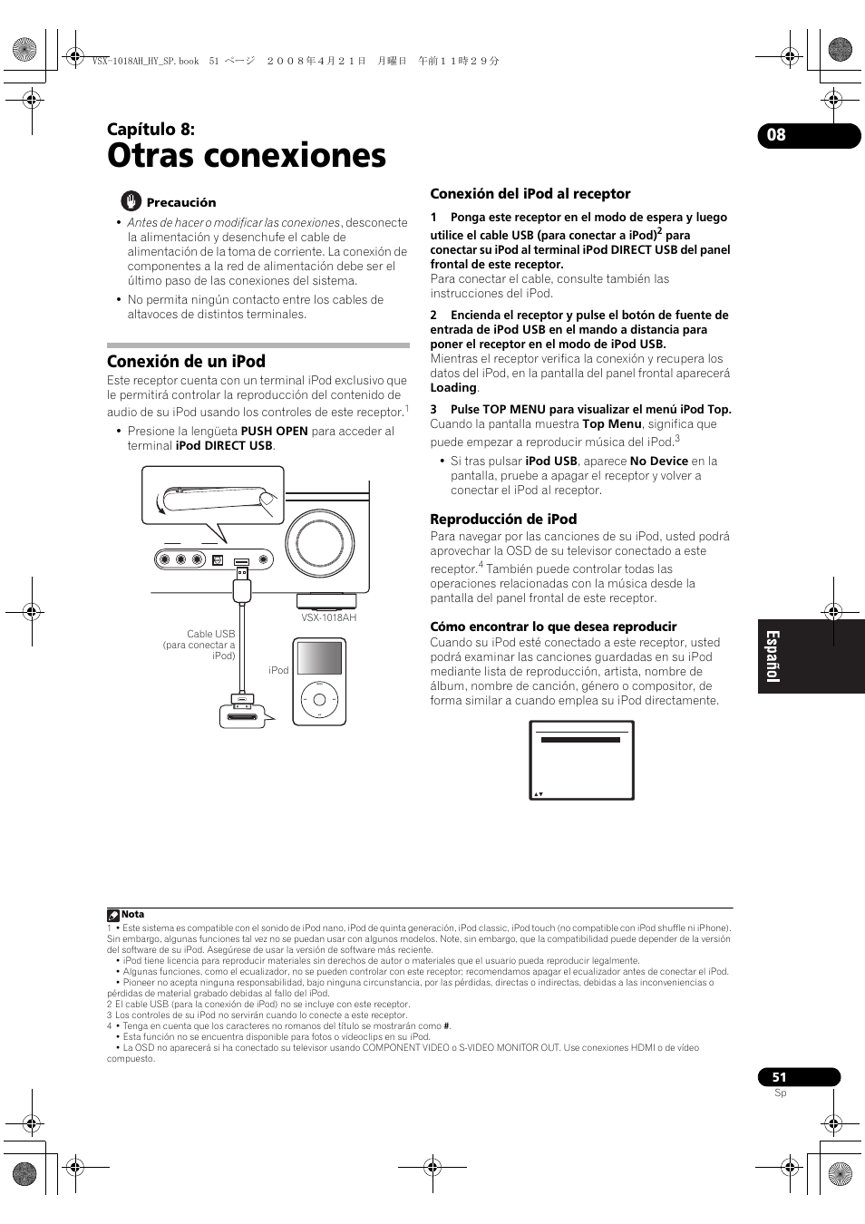 Conexión de un ipod, Conexión del ipod al receptor reproducción de ipod, Otras conexiones | Capítulo 8, Conexión del ipod al receptor, Reproducción de ipod, Cómo encontrar lo que desea reproducir | Pioneer VSX-1018AH-K User Manual | Page 51 / 96