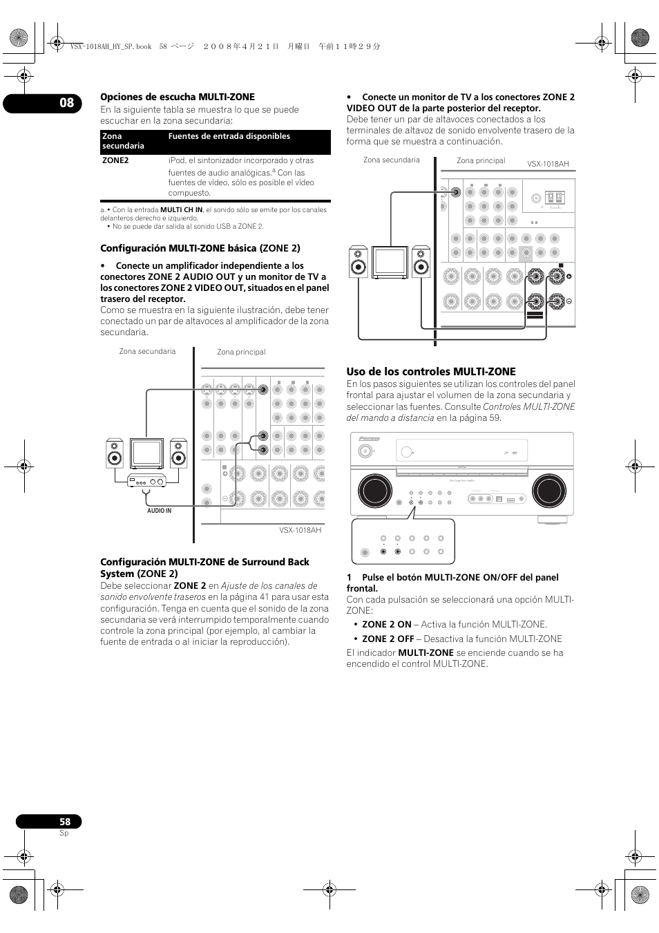 Uso de los controles multi-zone, Opciones de escucha multi-zone, Configuración multi-zone básica (zone 2) | On/off control multi-zone, Zona secundaria zona principal vsx-1018ah | Pioneer VSX-1018AH-K User Manual | Page 58 / 96