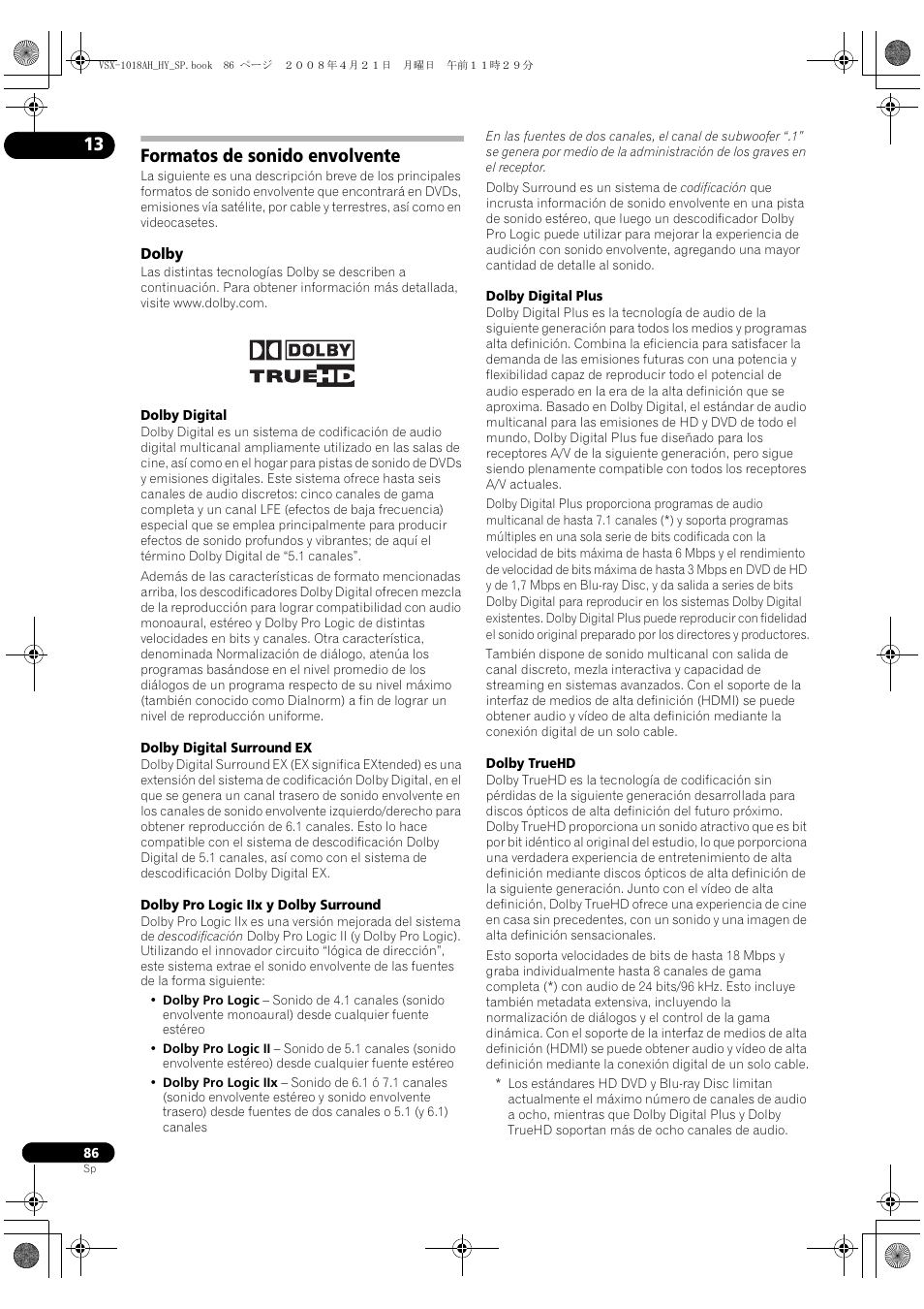 Formatos de sonido envolvente, Dolby | Pioneer VSX-1018AH-K User Manual | Page 86 / 96