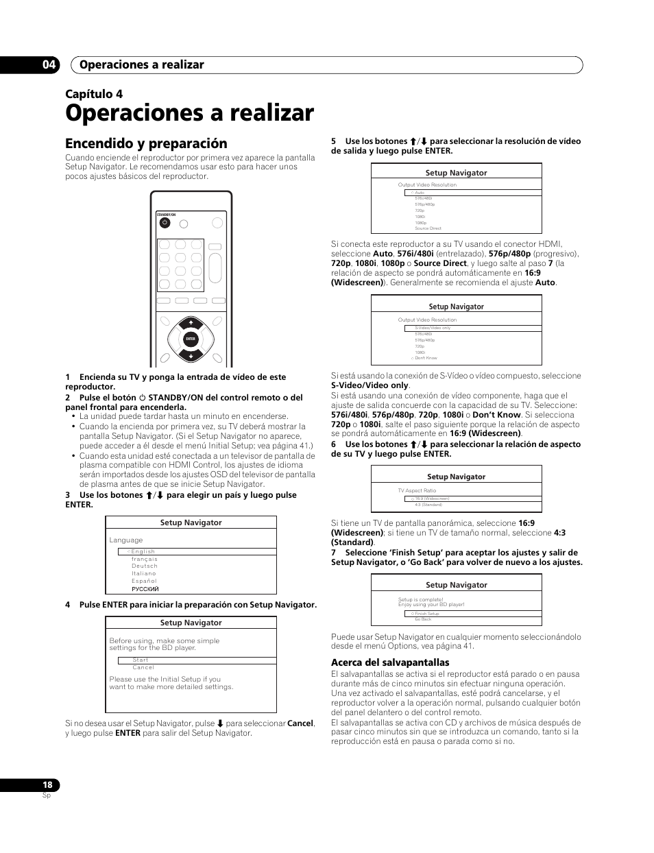 04 operaciones a realizar, Encendido y preparación, Operaciones a realizar | Operaciones a realizar 04, Capítulo 4 | Pioneer BDP-LX70 User Manual | Page 18 / 64