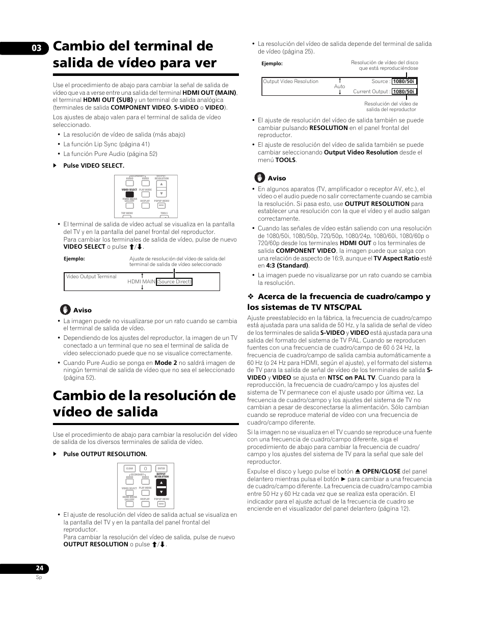 Cambio del terminal de salida de vídeo para ver, Cambio de la resolución de vídeo de salida | Pioneer BDP-LX91 User Manual | Page 24 / 73