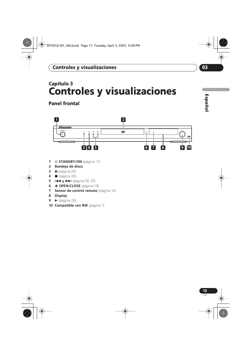 03 controles y visualizaciones, Panel frontal, Controles y visualizaciones | Controles y visualizaciones 03, Capítulo 3 | Pioneer DV-585A-s User Manual | Page 15 / 108